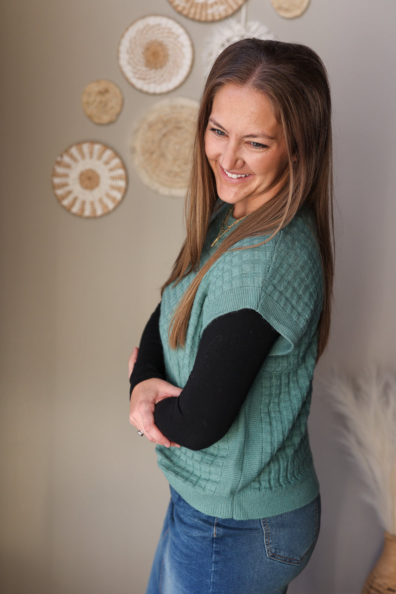 Mist Green Textured Short Sleeve Sweater