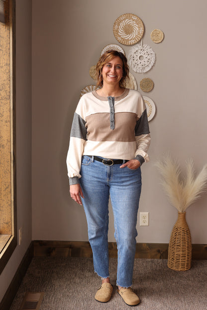 Neutral Colorblock Waffle Henley Top