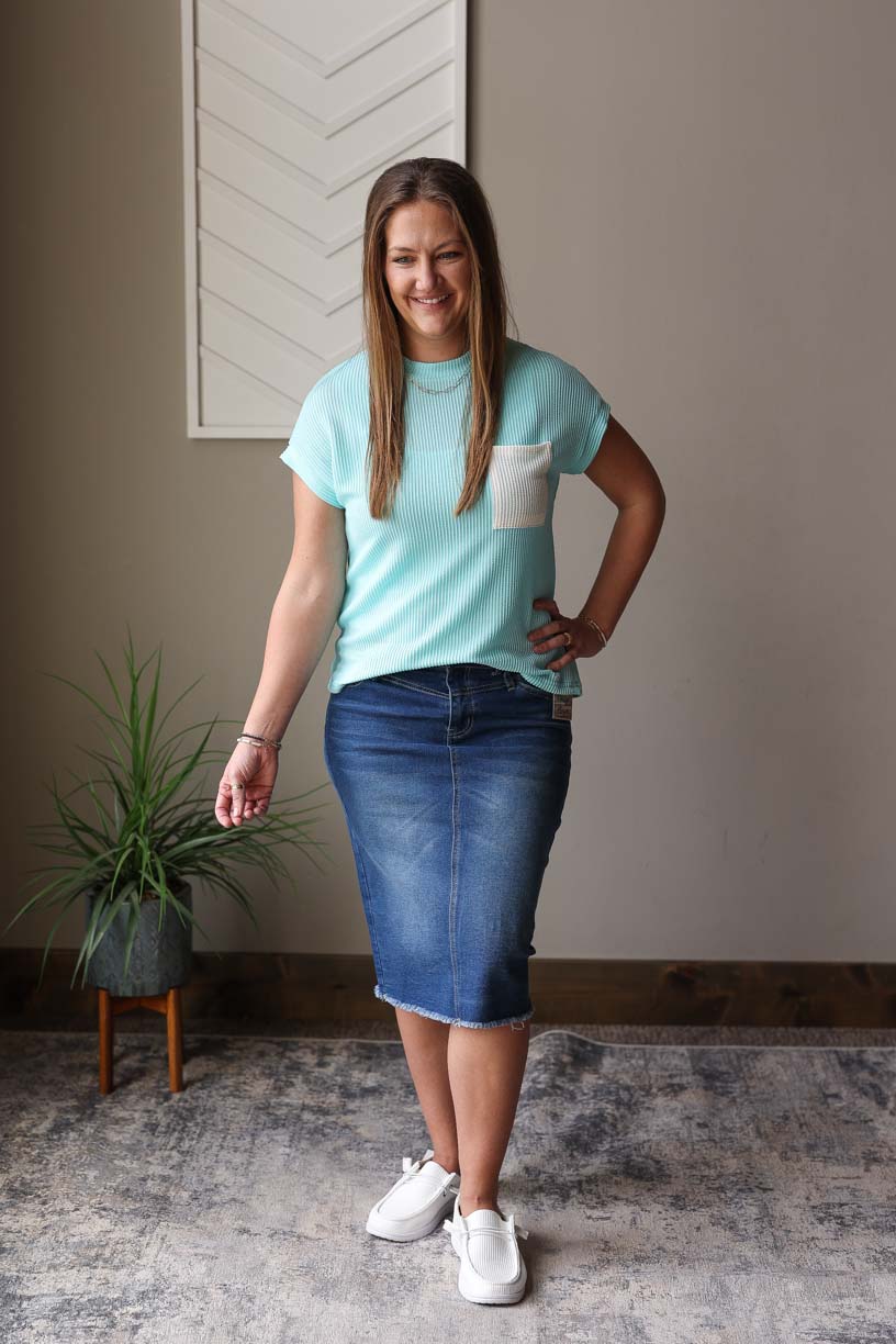 Mint Corded Pocket Crewneck Top