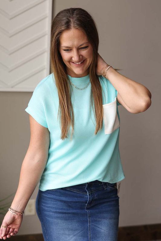 Mint Corded Pocket Crewneck Top