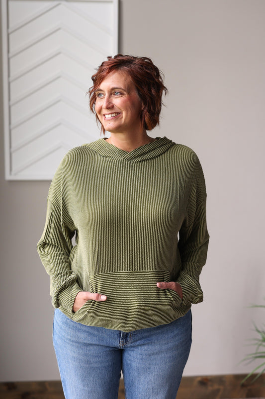 olive green corded texture hoodie with kangaroo pocket for casual wear