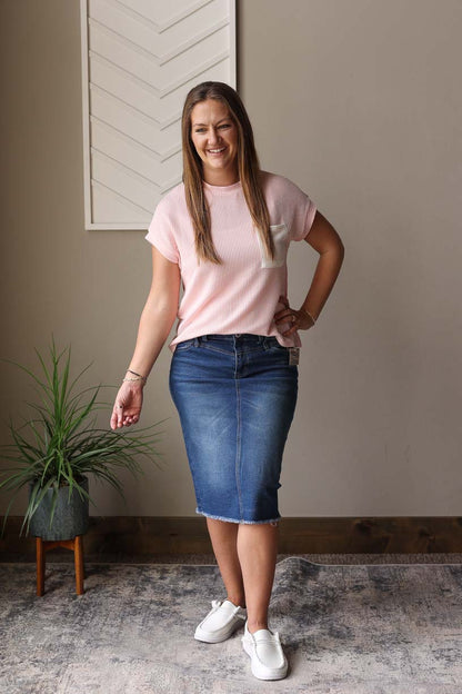 Pink Corded Pocket Crewneck Top