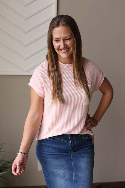 Pink Corded Pocket Crewneck Top