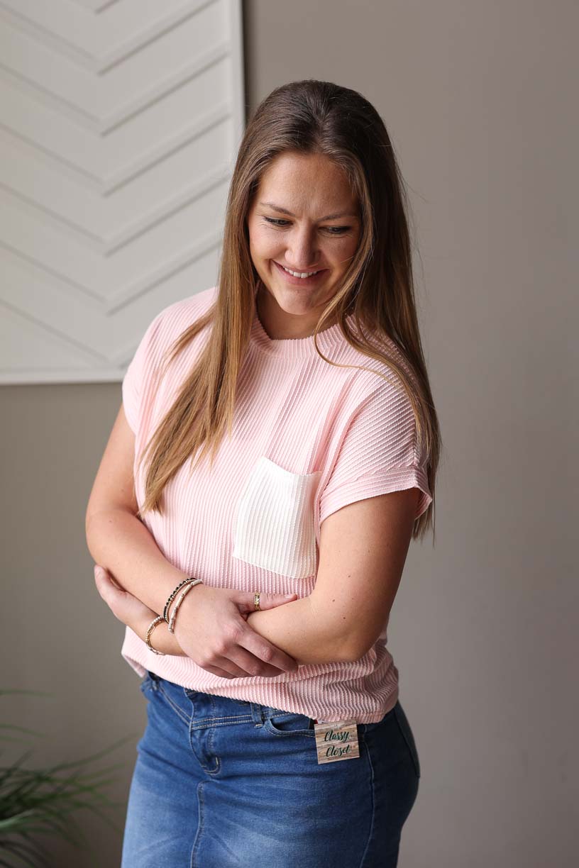 Pink Corded Pocket Crewneck Top
