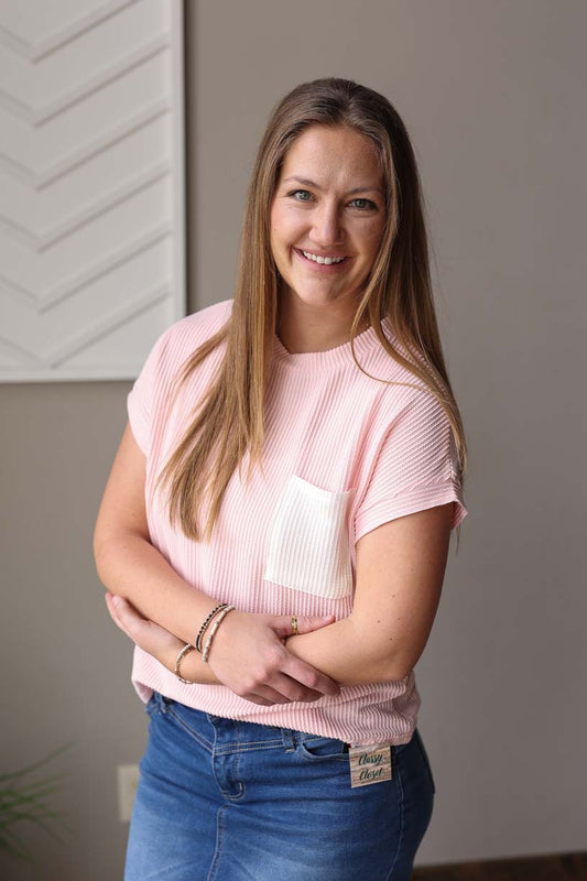 Pink Corded Pocket Crewneck Top