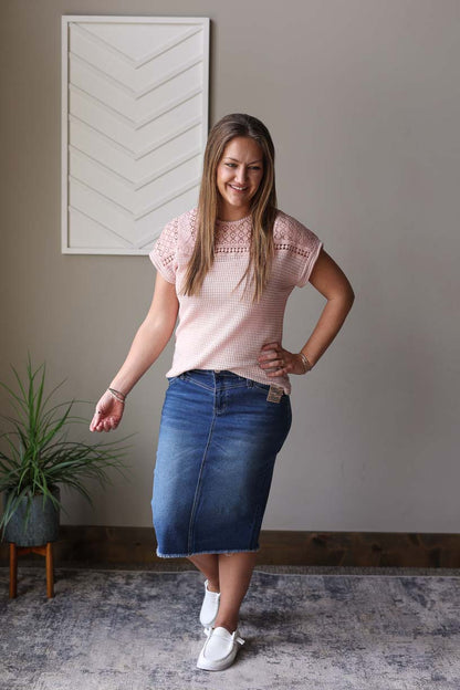 Mauve Lace Patchwork Waffle Top; S-2XL PLUS