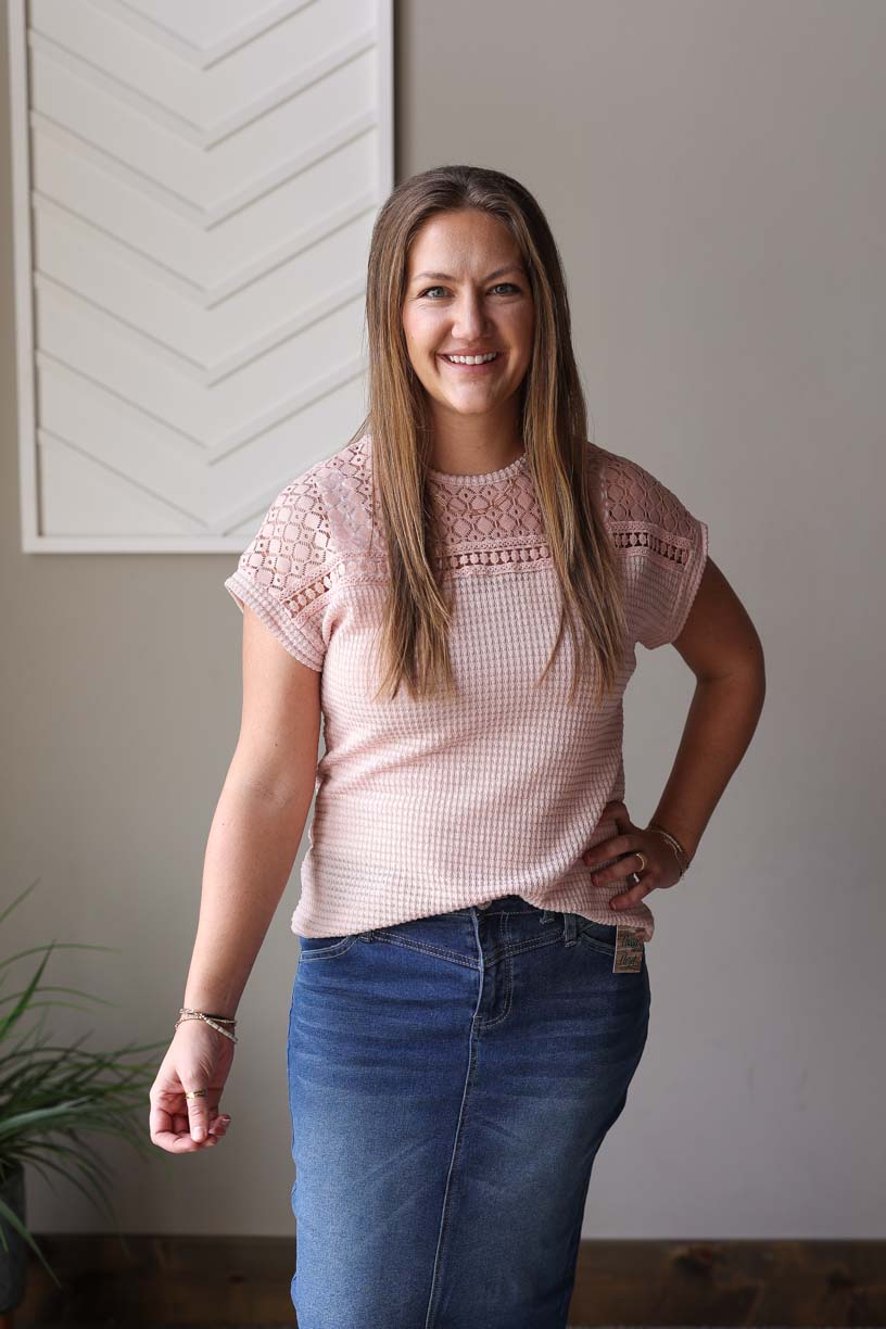 Mauve Lace Patchwork Waffle Top; S-2XL PLUS