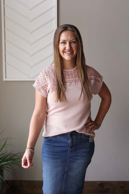 Mauve Lace Patchwork Waffle Top; S-2XL PLUS
