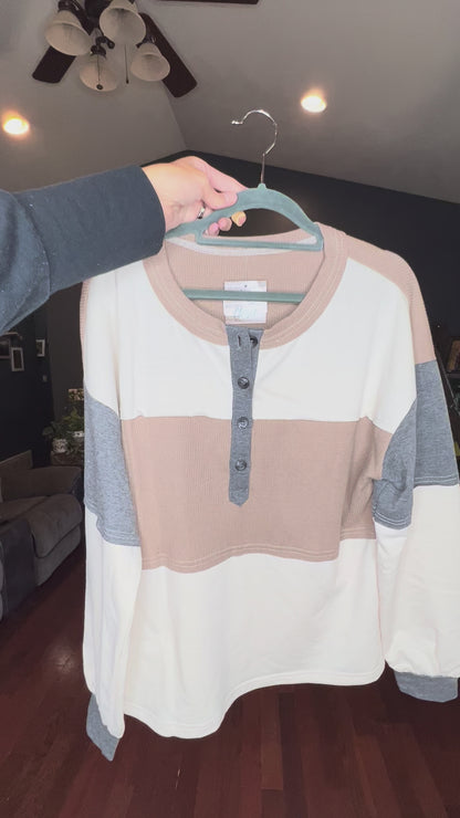 Neutral Colorblock Waffle Henley Top