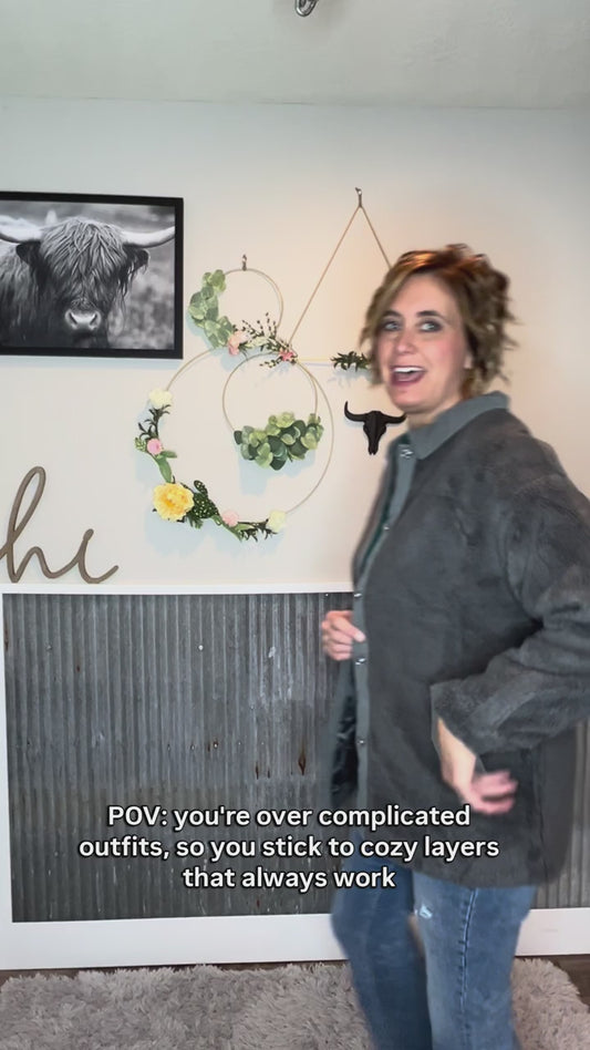 Women's Grey Sherpa Jacket with Corduroy Trim & Elbow Patches; S-2XL PLUS