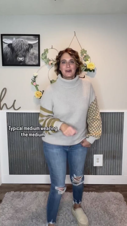 Smoke Grey Patchwork Waffle Turtleneck Sweater – Olive Accents; M, XL