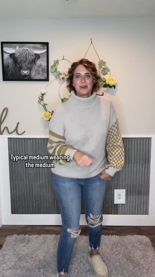 Smoke Grey Patchwork Waffle Turtleneck Sweater – Olive Accents; M, XL