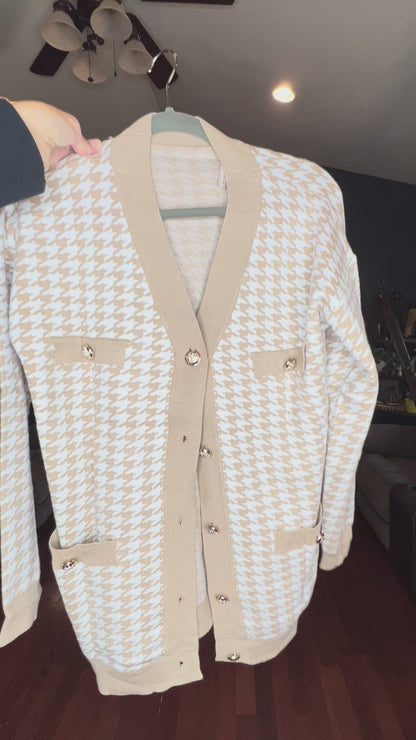 Khaki Houndstooth Pocketed Cardigan