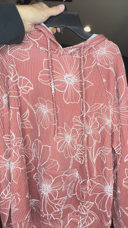 Brown Floral Ribbed Hoodie