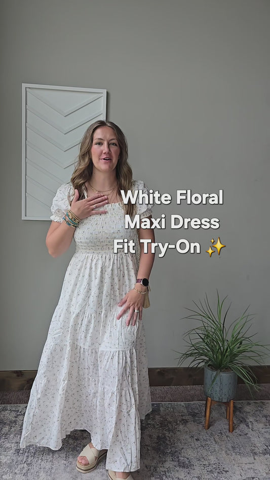 White Floral Smocked Tiered Maxi Dress