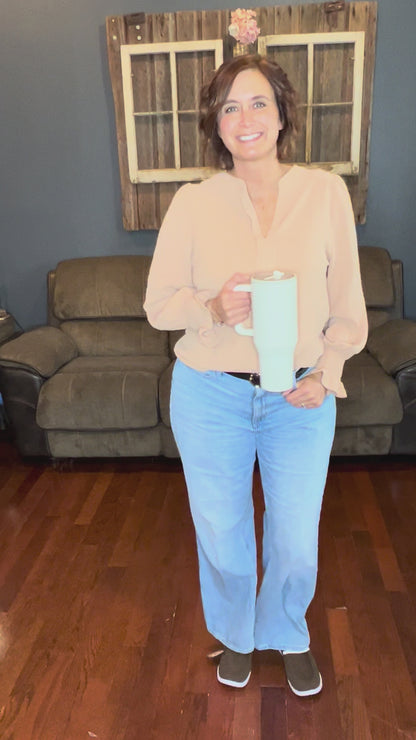 Caramel Shirred Cuff Long Sleeve Blouse