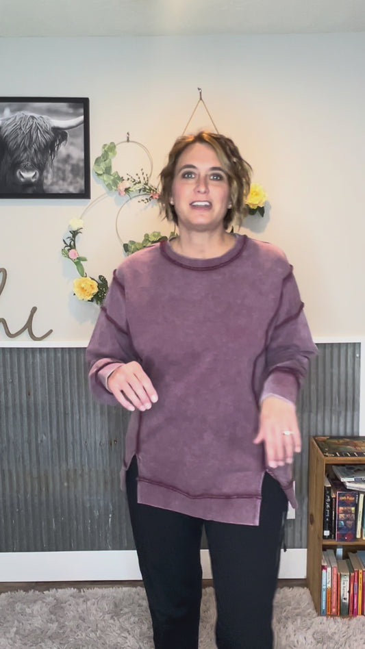 Mineral Wash Side Slit Sweatshirt – Lightweight Burgundy Pullover