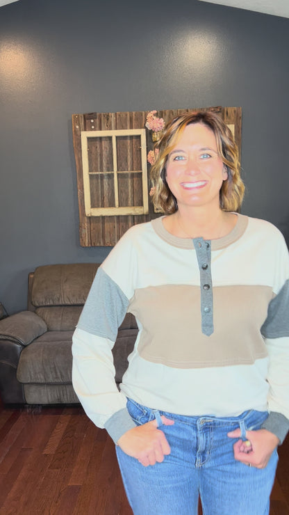 Neutral Colorblock Waffle Henley Top