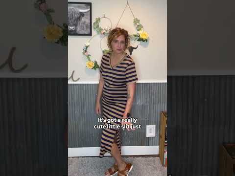 Navy and Brown Striped V-Neck Midi Dress with Side Slits