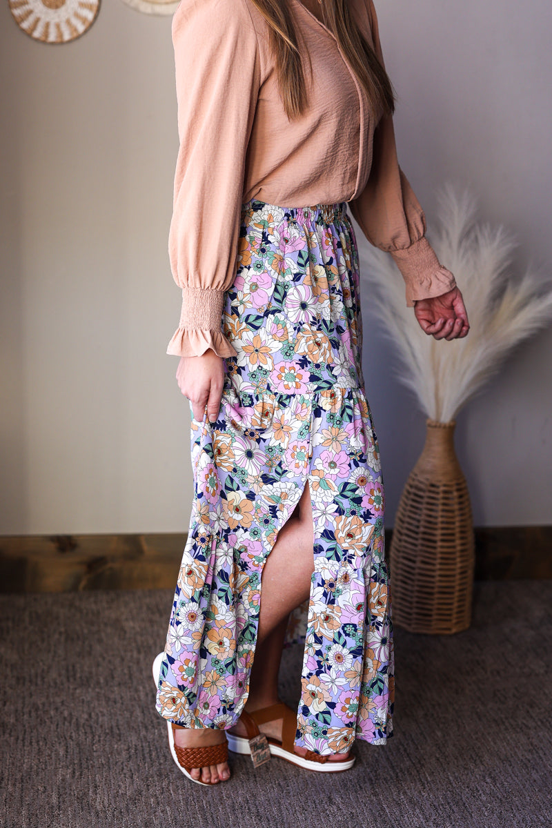 Sky Blue Boho Floral Tiered Maxi Skirt with Pockets | Modest Spring Style