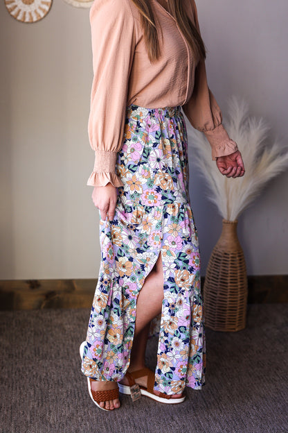 Sky Blue Boho Floral Tiered Maxi Skirt with Pockets | Modest Spring Style
