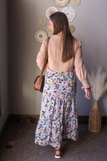 Sky Blue Boho Floral Tiered Maxi Skirt with Pockets | Modest Spring Style