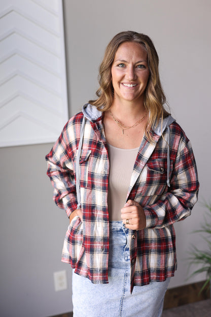 PRE-ORDER ONLY: Hooded Red Plaid Flannel Top