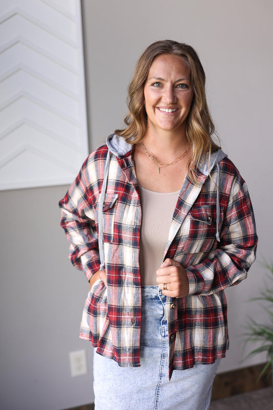 PRE-ORDER ONLY: Hooded Red Plaid Flannel Top