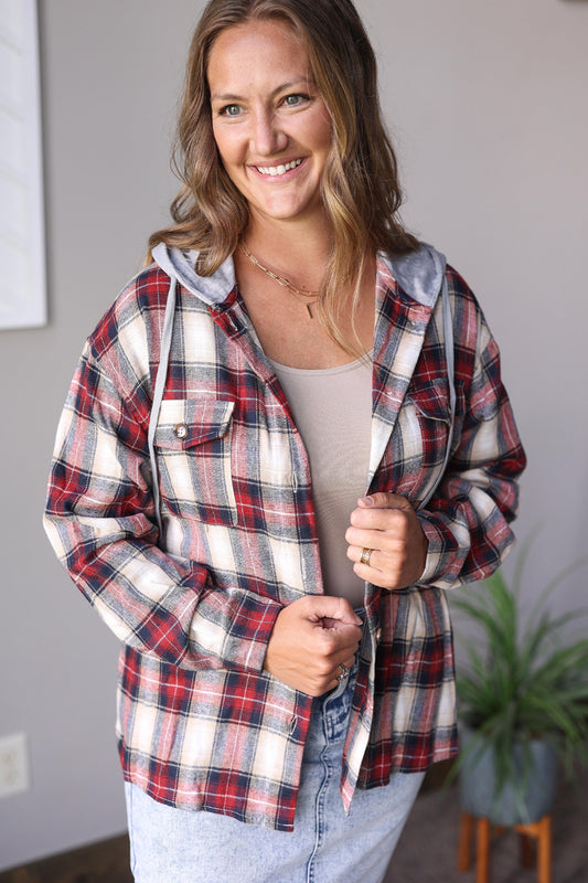 PRE-ORDER ONLY: Hooded Red Plaid Flannel Top
