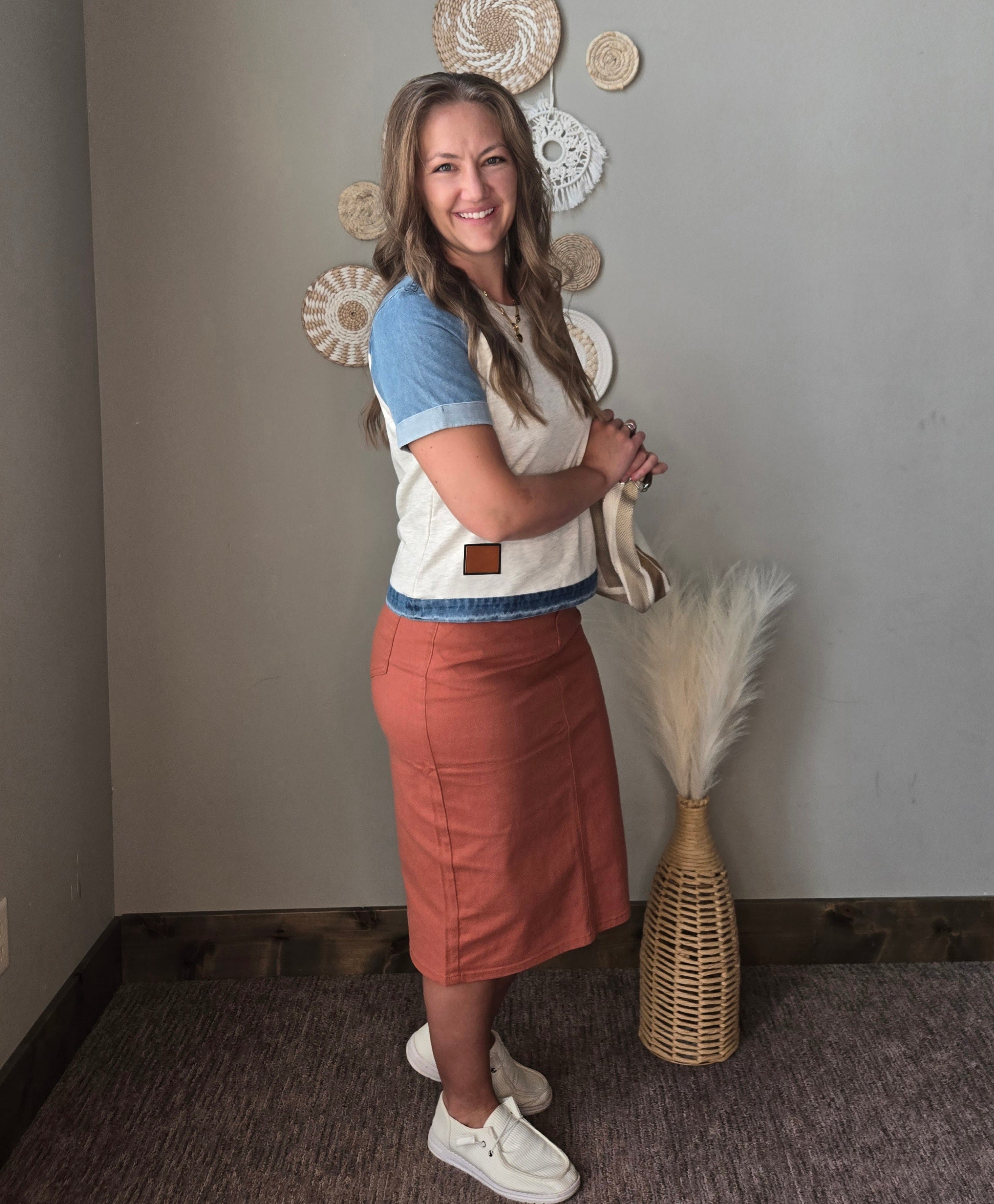 grey denim contrast short sleeve patchwork summer top with orange rust colored denim midi skirt and canvas tote