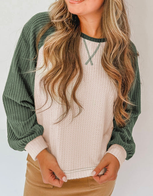 Mist Green Waffle Colorblock Top