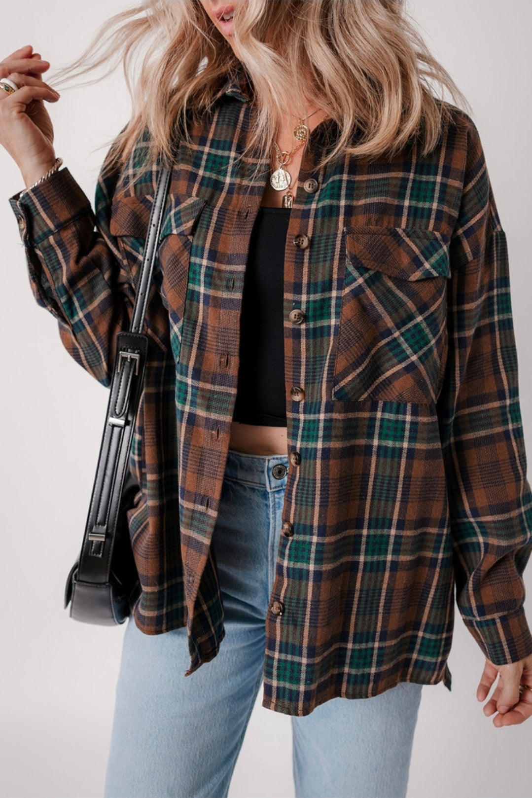 Brown Plaid Button Up Top