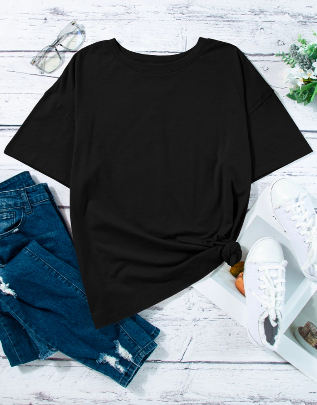 Black Patchwork Oversized Tee; S-2XL PLUS