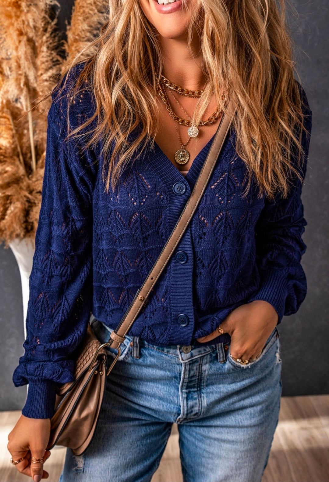 Sapphire Button Front Crochet Cardigan