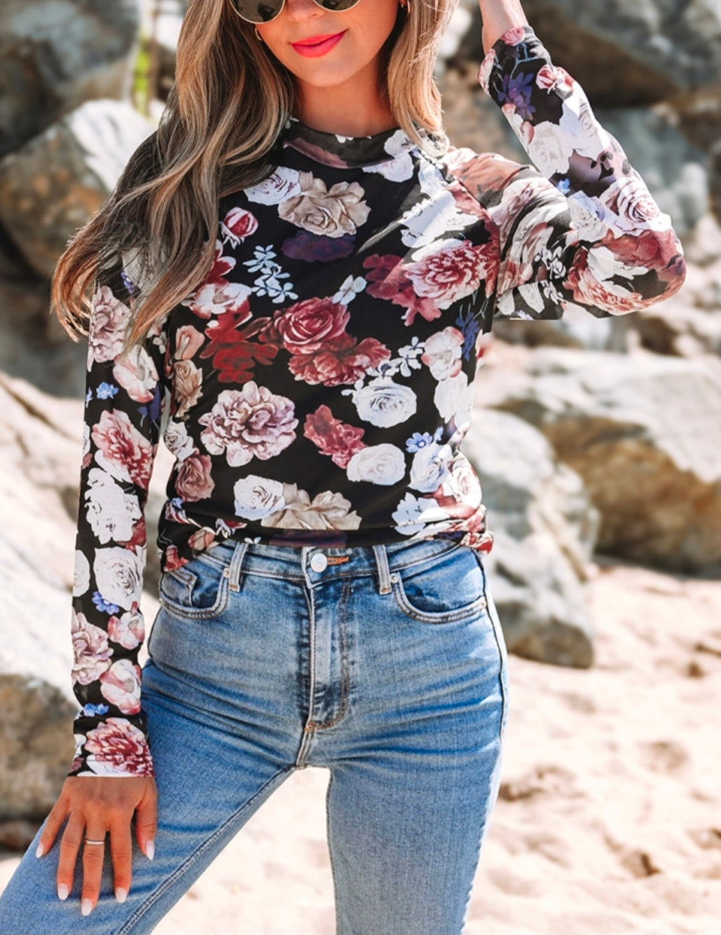 Pink Mesh Floral Print Mochneck Top