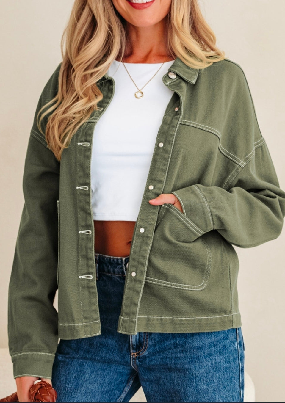 Smoke Green Patch Pocket Denim Jacket