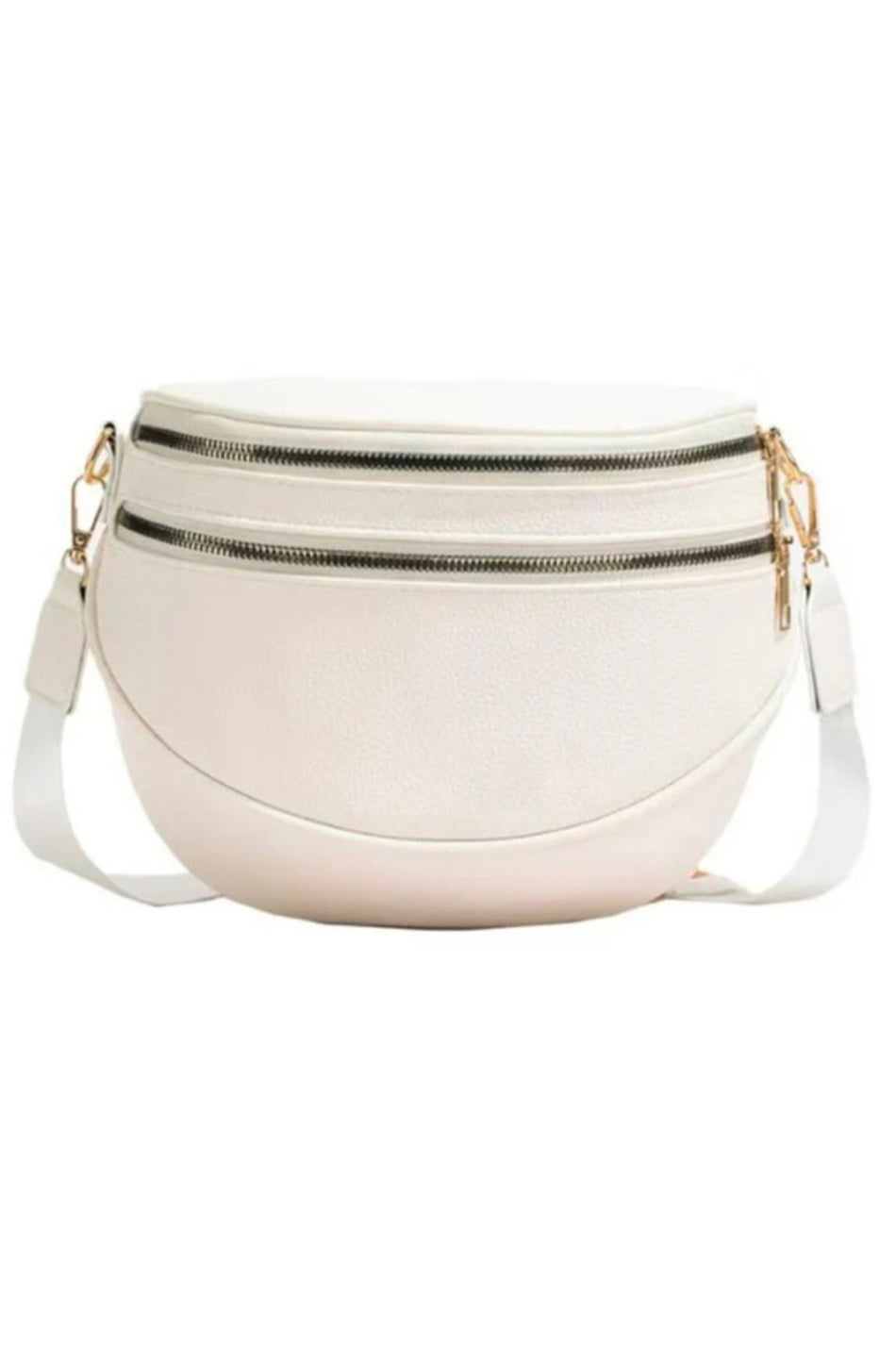White crossbody bag with gold zippers on a white background