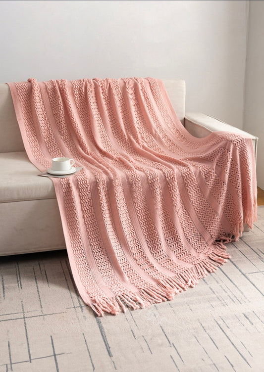 Dusty Pink Texture Tassel Trim Blanket