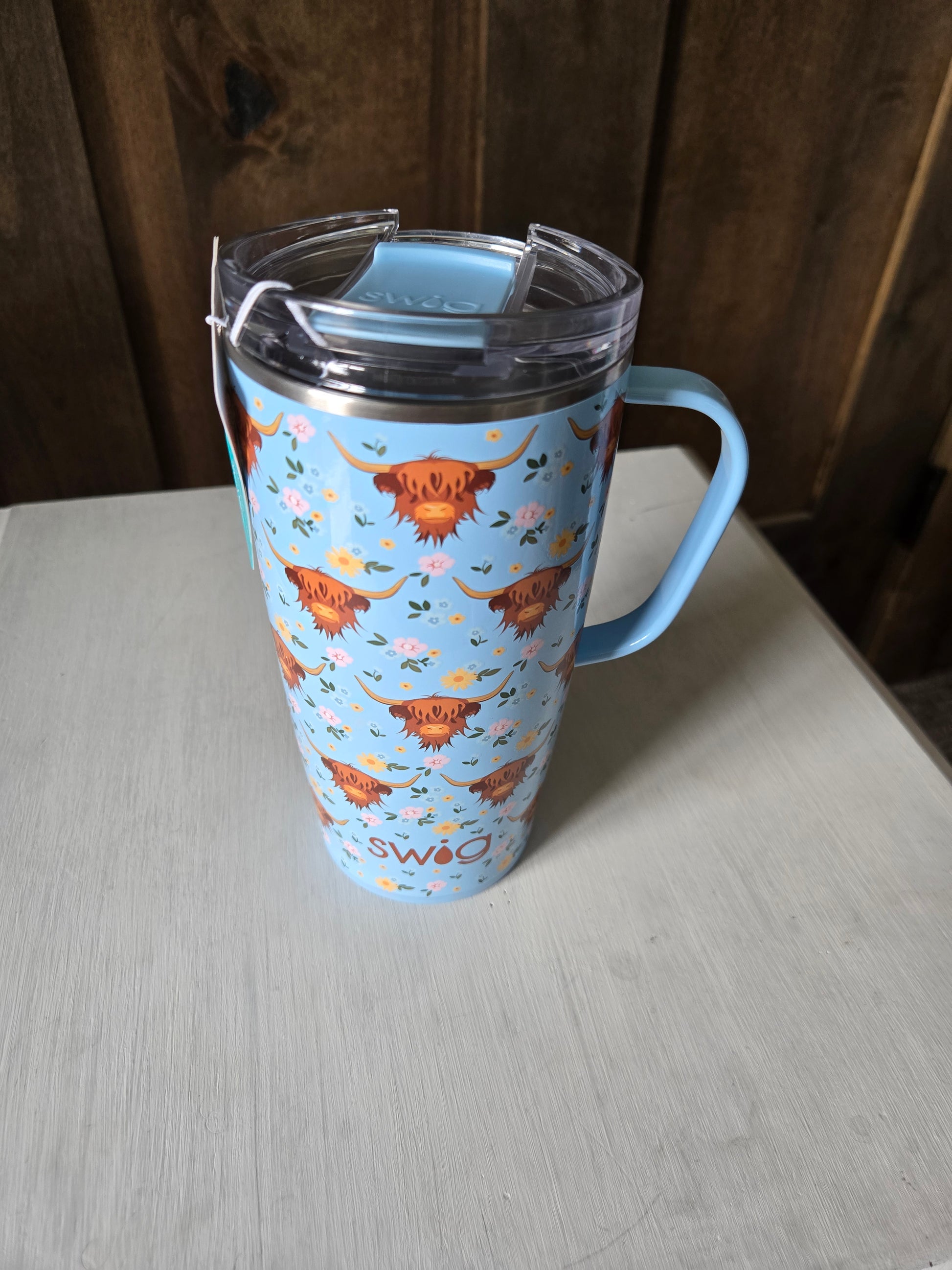 Womens 22oz swig highland cow blue handled mug tumbler