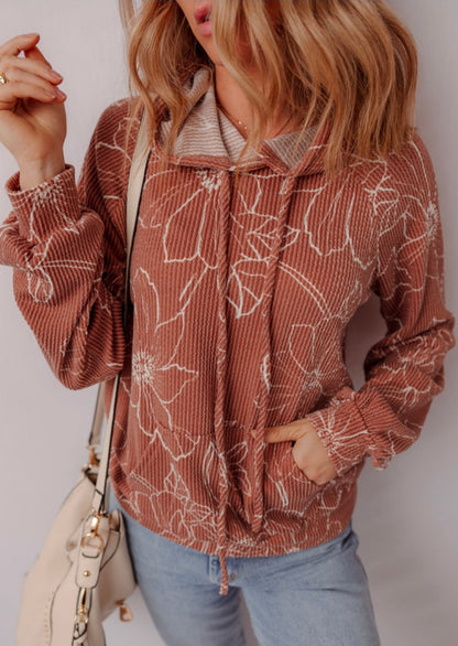 Brown Floral Ribbed Hoodie
