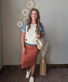 grey denim contrast short sleeve patchwork summer top with orange rust colored denim midi skirt
