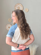 grey denim contrast short sleeve patchwork summer top with orange rust colored denim midi skirt back of shirt