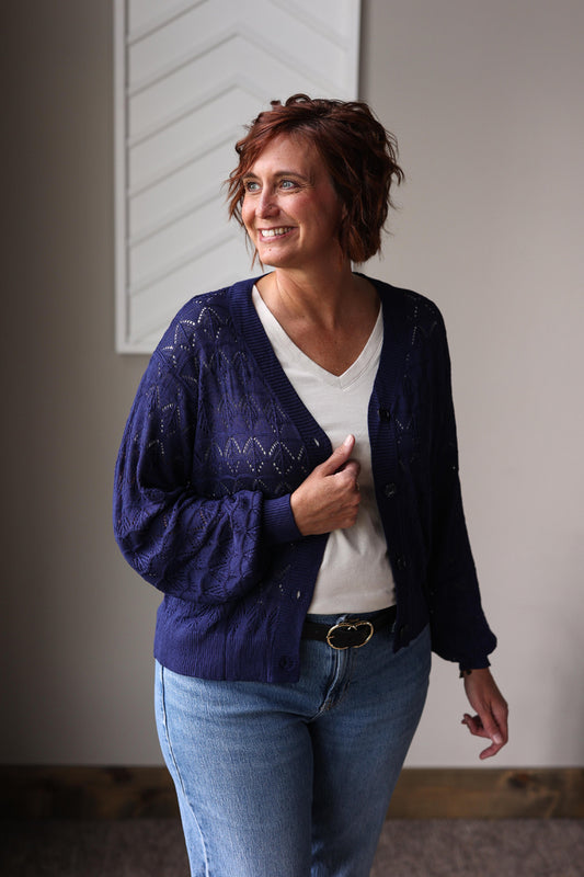 Elevate your wardrobe with the Sapphire Button Front Crochet Cardigan, a soft and comfy blue knit perfect for any occasion.