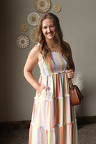 coastal striped tiered maxi dress with pockets and smock chest with purse