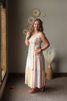 coastal striped tiered maxi dress with pockets and smock chest