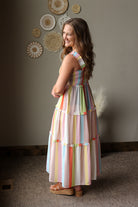 coastal striped tiered maxi dress with pockets and smock chest