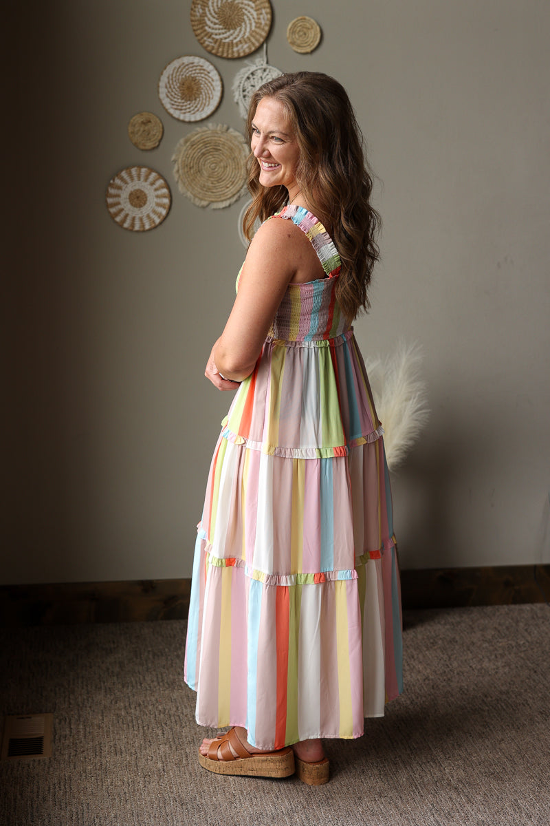 coastal striped tiered maxi dress with pockets and smock chest