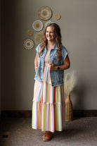 coastal striped tiered maxi dress with pockets and smock chest with harper denim jacket vest