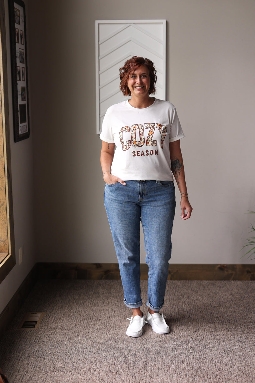 White "COZY SEASON" Floral Letter Tee; S-3XL PLUS