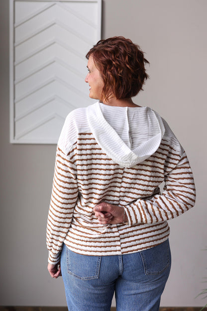Khaki Stripe Textured Hooded V-Neck Top